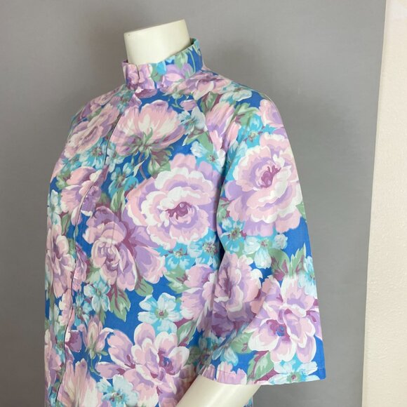Vintage Handmade Housedress Floral Dress Purple‎ Blue Zip-Front Stand-Up Collar - Picture 9 of 11
